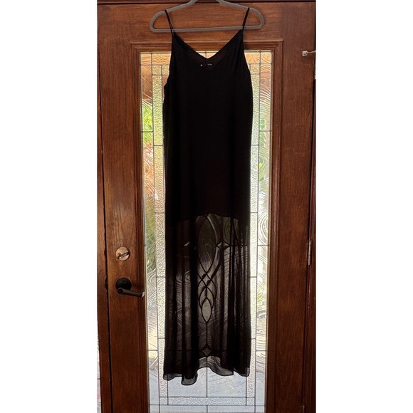 krisa Dresses & Skirts - Krisa Womens Maxi Dress L Black Sheer Side Slit Flowy Minimalist Elegant